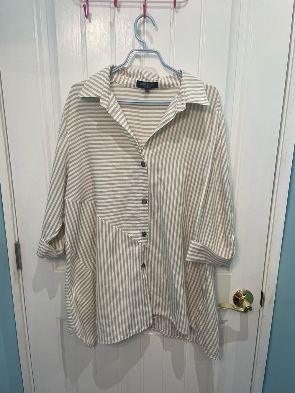 Red Coral Striped Button-Up Top in Beige and White